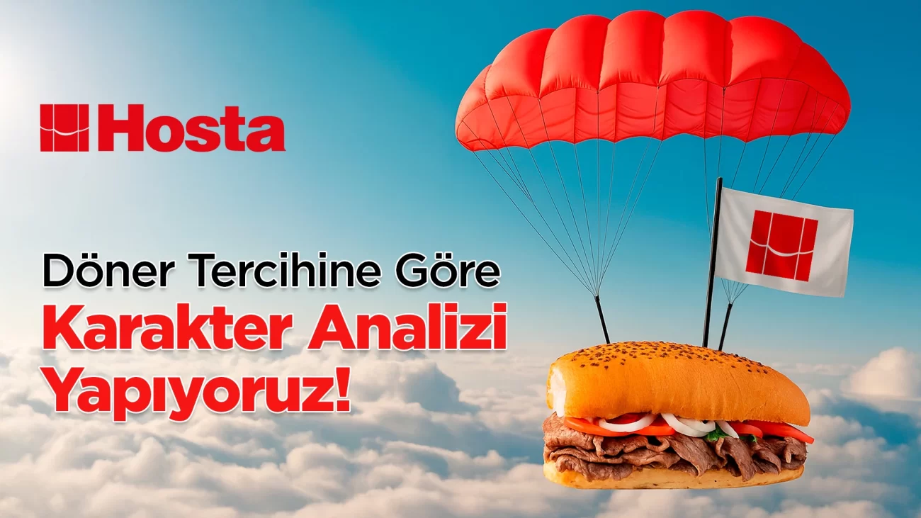 Bulutların arasında kırmızı paraşütle süzülen ekmek arası döner ve yanında “Döner Tercihine Göre Karakter Analizi Yapıyoruz” yazısı.